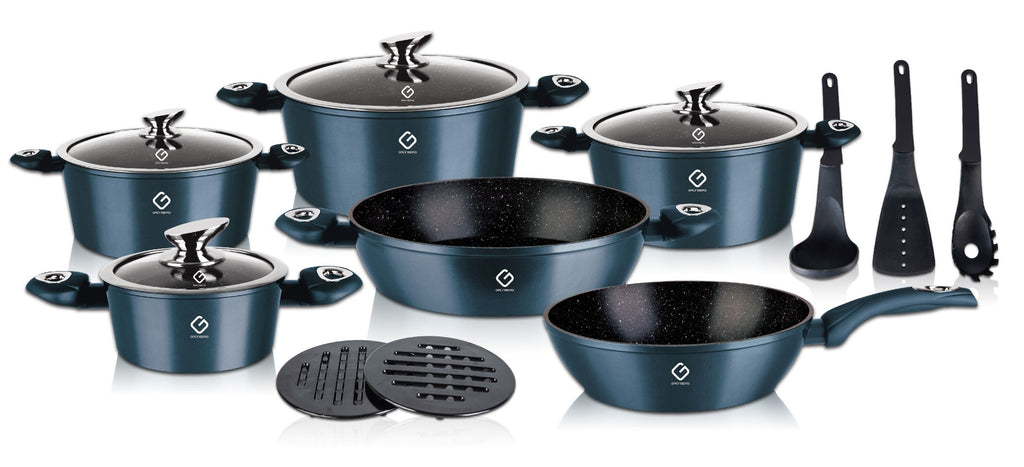 Set 15 piese: 6 vase din aluminiu, compatibile plita inductie, 4 capace, 3 ustensile, 2 suport, Grunberg rosi si albastru