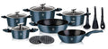 Set 15 piese: 6 vase din aluminiu, compatibile plita inductie, 4 capace, 3 ustensile, 2 suport, Grunberg rosi si albastru