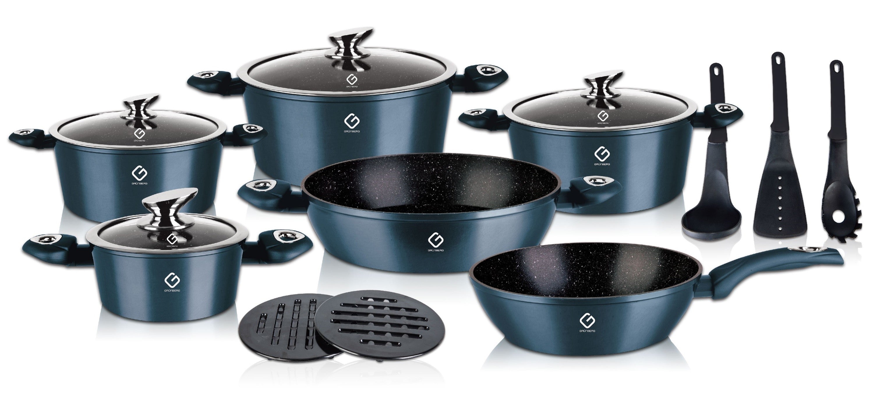 Set 15 piese: 6 vase din aluminiu, compatibile plita inductie, 4 capace, 3 ustensile, 2 suport, Grunberg rosi si albastru