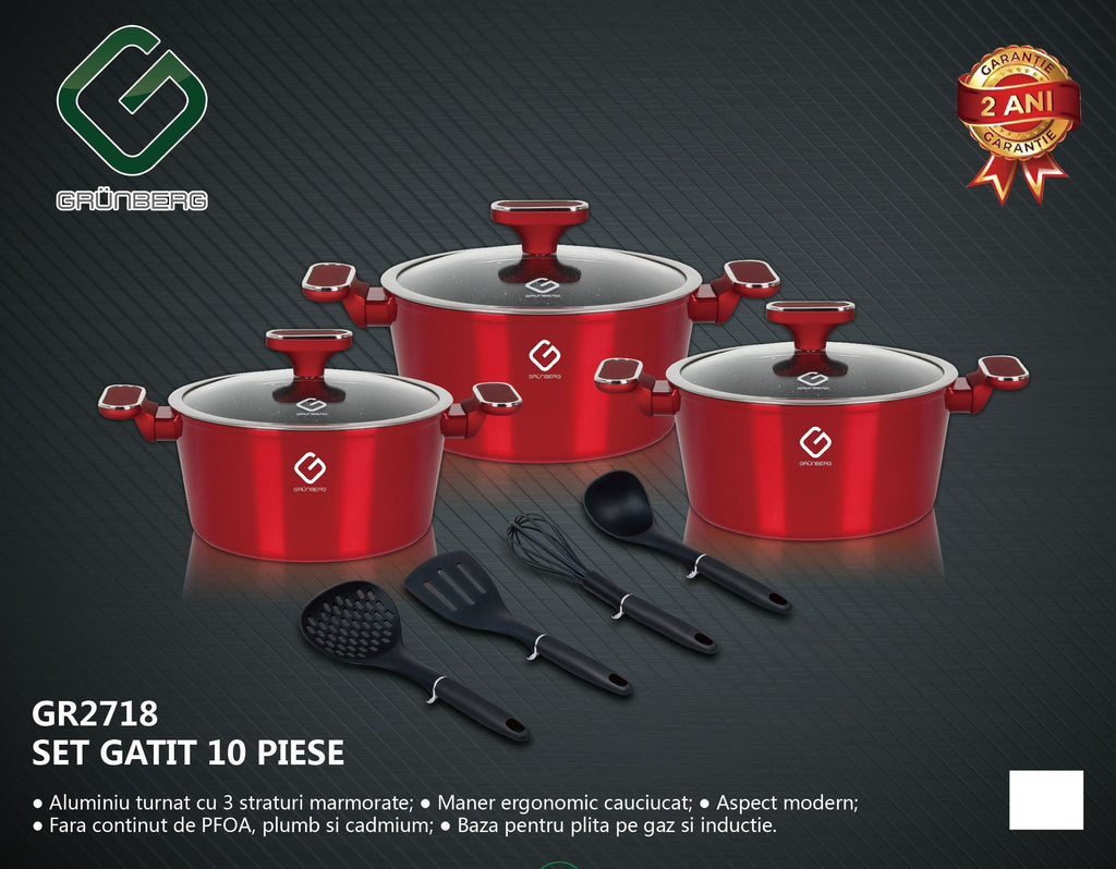Set 10 piese: 3 vase din aluminiu, compatibile plita inductie, 3 capace sticla, 4 ustensile, Grunberg rosu si auriu
