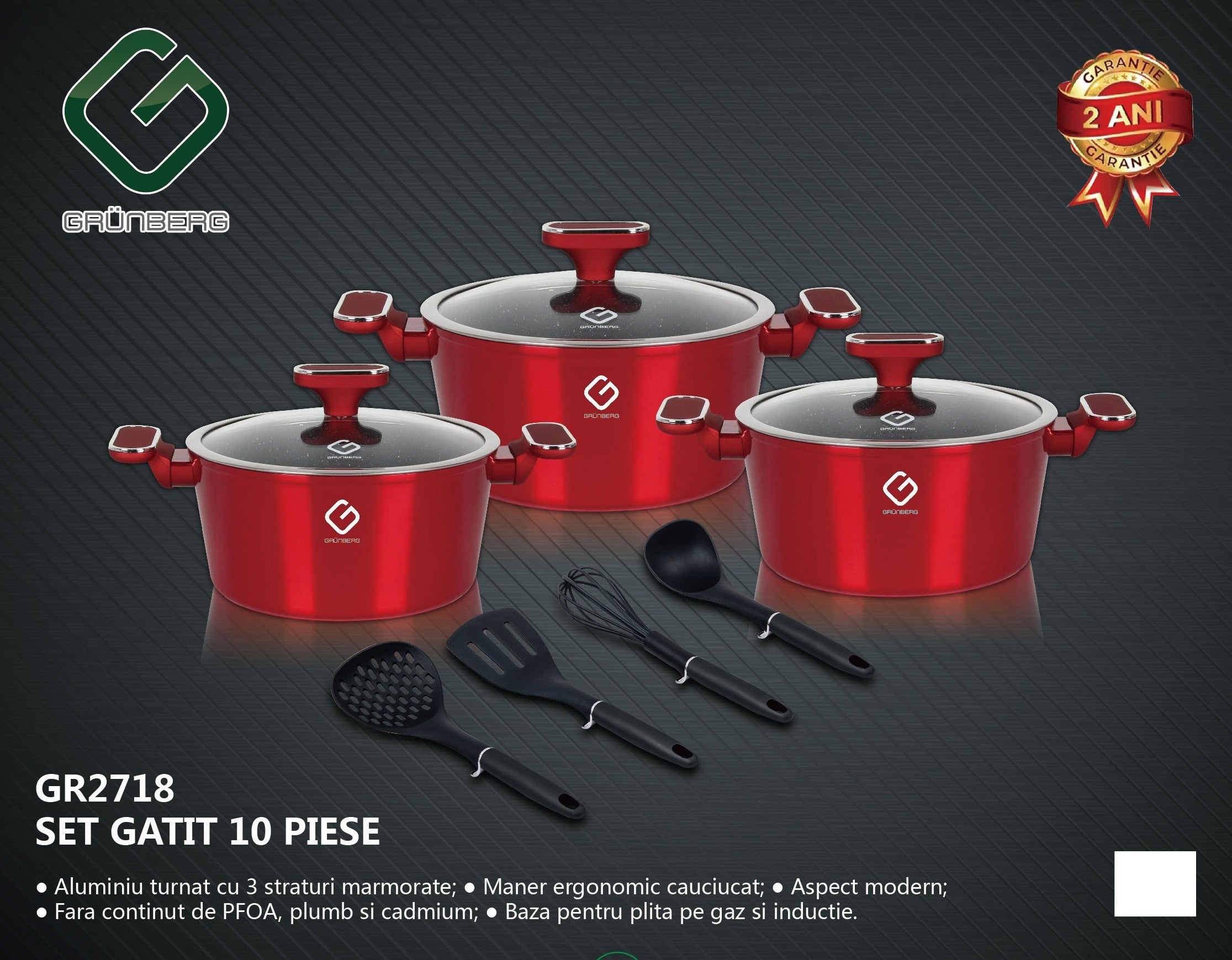 Set 10 piese: 3 vase din aluminiu, compatibile plita inductie, 3 capace sticla, 4 ustensile, Grunberg rosu si auriu