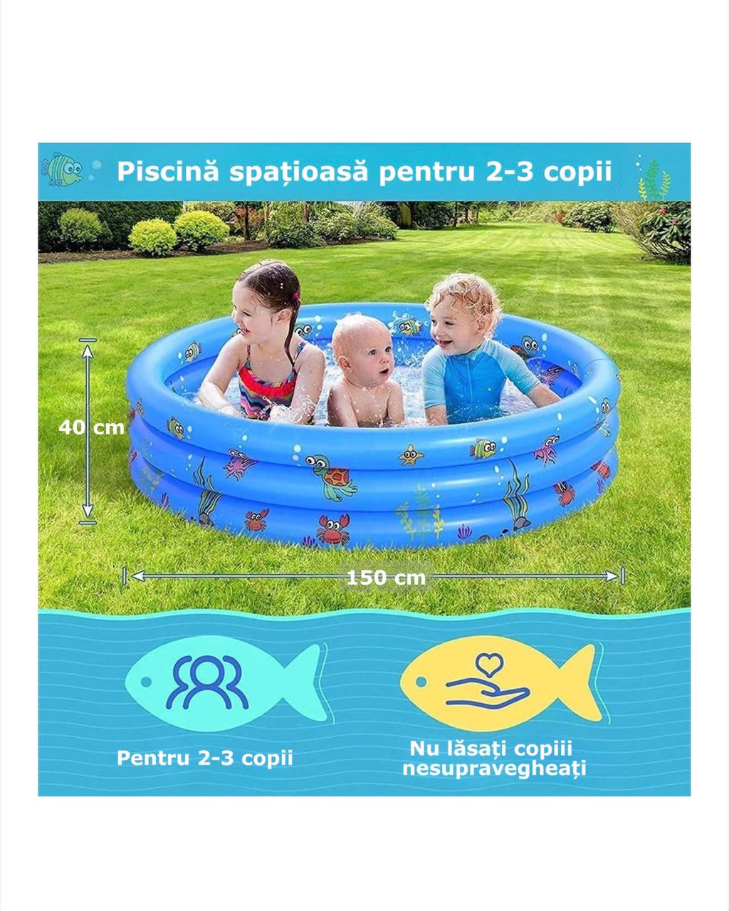 Piscină gonflabilă pentru copii cu 2 pistoale de apă CADOU incluse, Simply Joy, podea moale, rotundă, 3 inele gonflabile, instalare rapidă, durabilă și rezistentă, perete gros, 150 × 40 cm, albastru/roz/verde