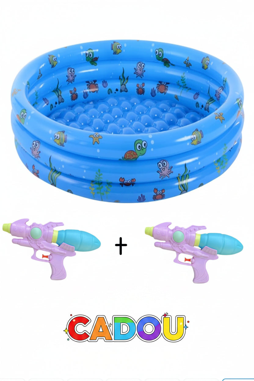 Piscină gonflabilă pentru copii cu 2 pistoale de apă CADOU incluse, Simply Joy, podea moale, rotundă, 3 inele gonflabile, instalare rapidă, durabilă și rezistentă, perete gros, 150 × 40 cm, albastru/roz/verde