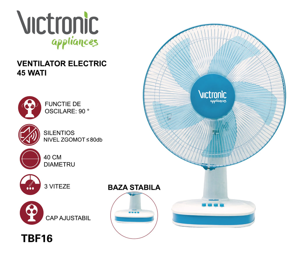 Ventilator pentru birou, 40 cm, 3 trepte de viteza, 45 W, Victronic