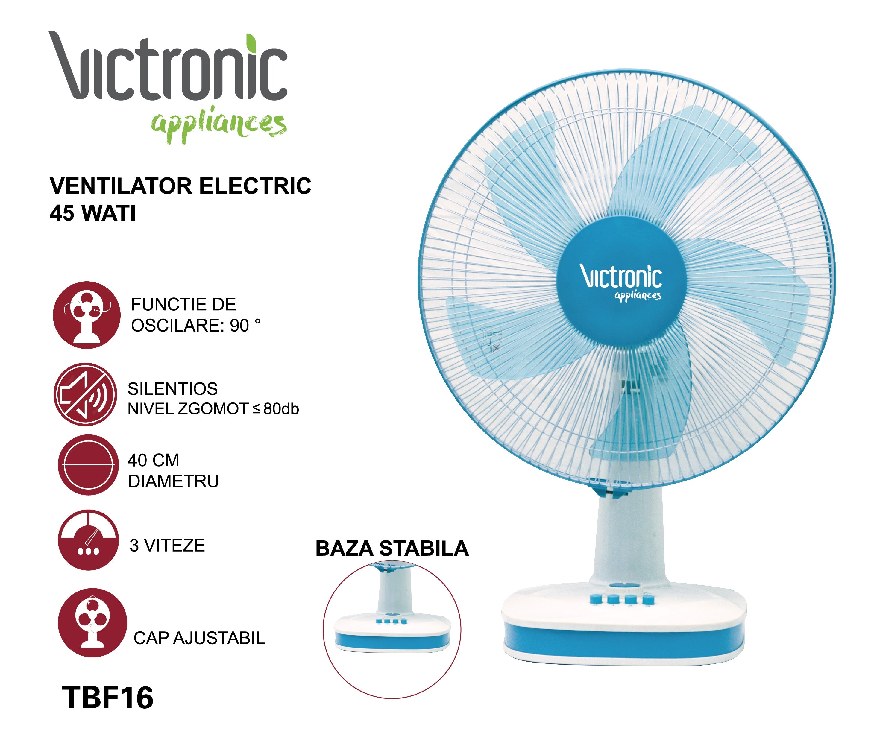 Ventilator pentru birou, 40 cm, 3 trepte de viteza, 45 W, Victronic