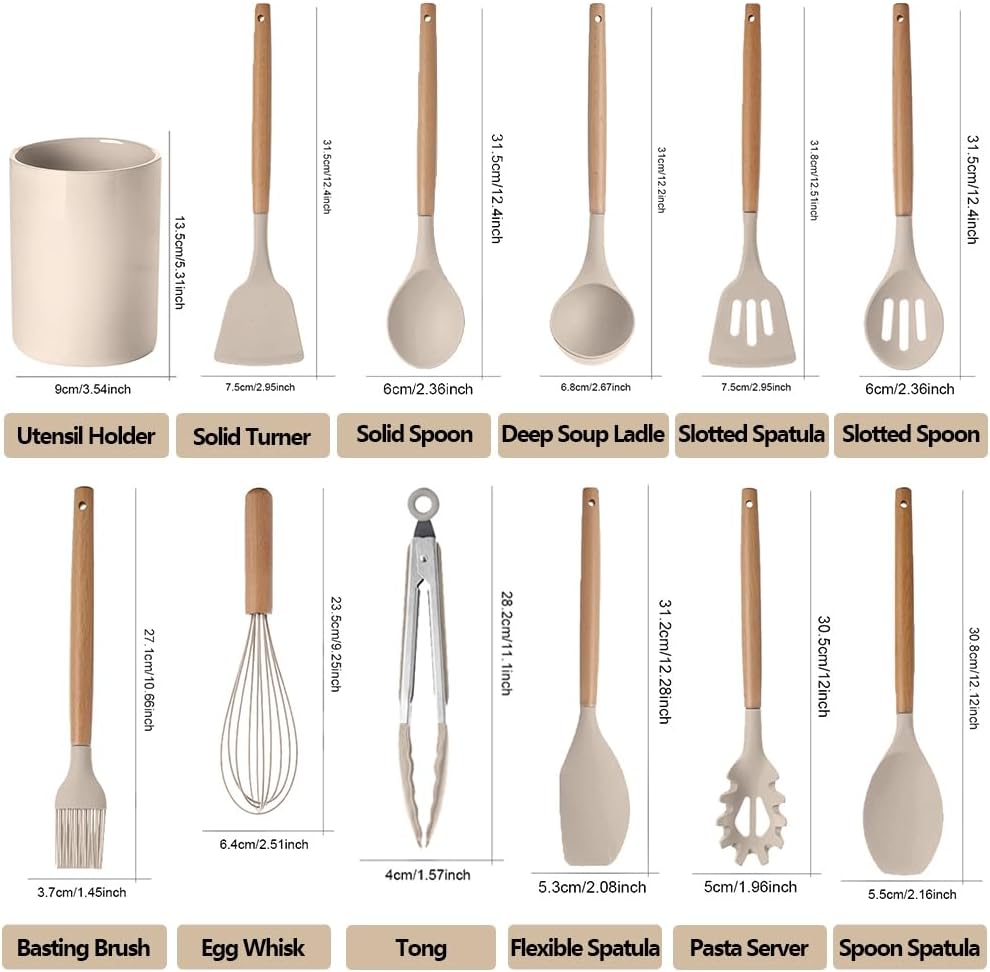 Set 11 ustensile pentru bucatarie, cu suport, din silicon si lemn, Grunberg