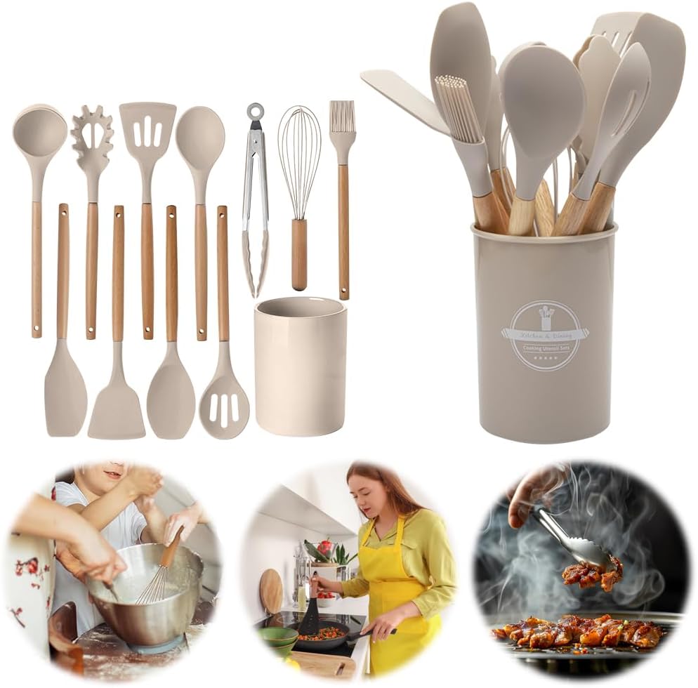 Set 11 ustensile pentru bucatarie, cu suport, din silicon si lemn, Grunberg