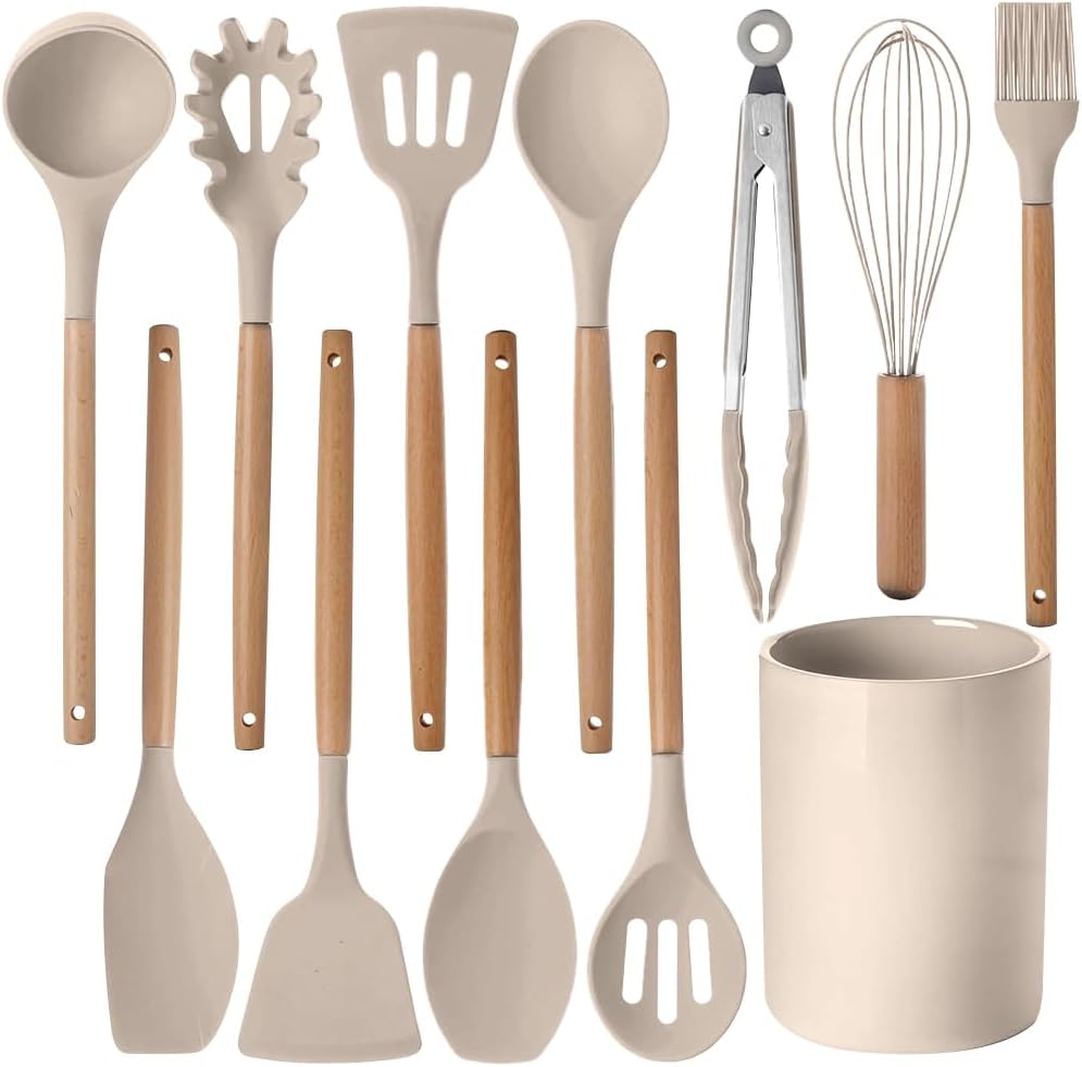 Set 11 ustensile pentru bucatarie, cu suport, din silicon si lemn, Grunberg