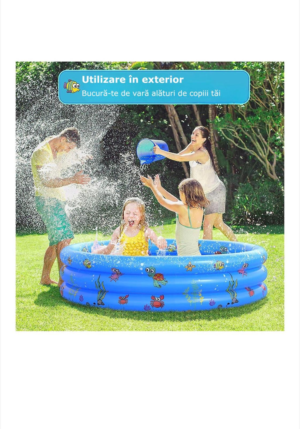 Piscină gonflabilă pentru copii cu 2 pistoale de apă CADOU incluse, Simply Joy, podea moale, rotundă, 3 inele gonflabile, instalare rapidă, durabilă și rezistentă, perete gros, 150 × 40 cm, albastru/roz/verde
