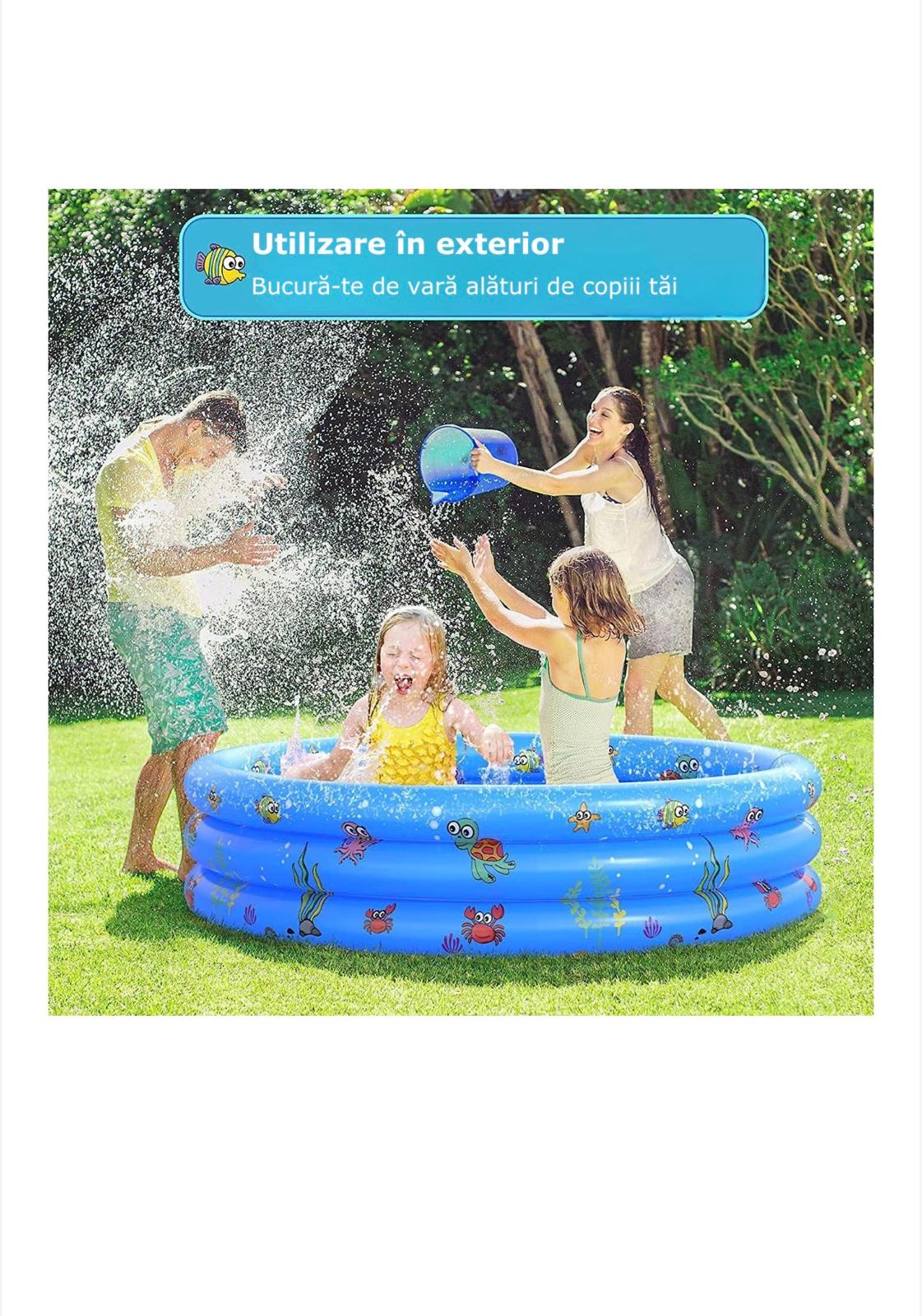 Piscină gonflabilă pentru copii cu 2 pistoale de apă CADOU incluse, Simply Joy, podea moale, rotundă, 3 inele gonflabile, instalare rapidă, durabilă și rezistentă, perete gros, 150 × 40 cm, albastru/roz/verde
