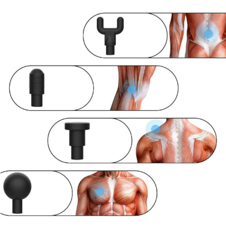 Aparat de masaj Gun Profesional, 4 capete interschimbabile, tip actionare vibratii, 6 trepte viteza, autonomie acumulator, timp operare 3 h, pentru dureri musculare si reumatism, Argintiu