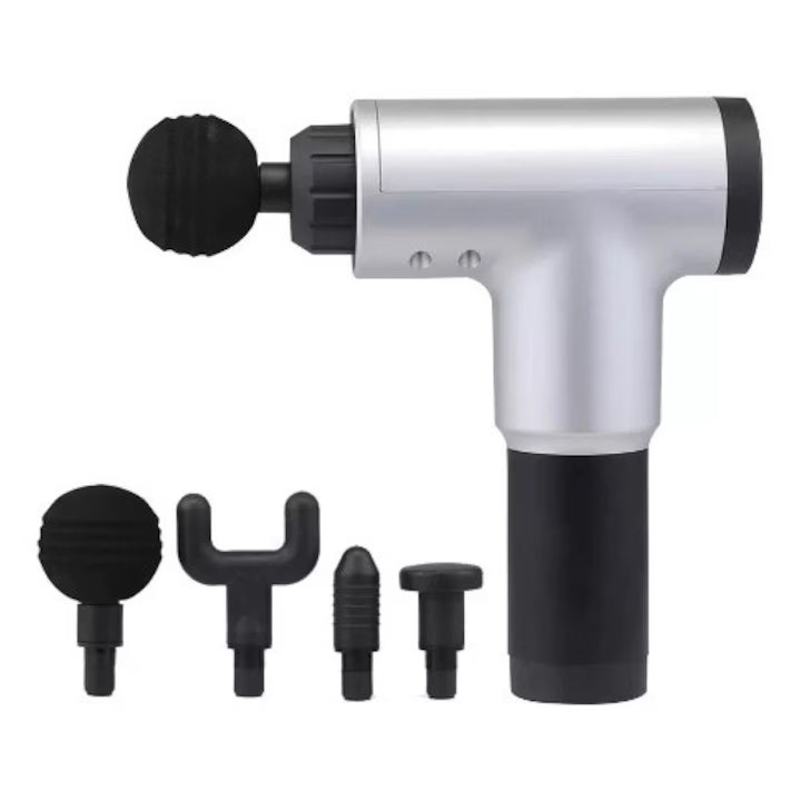 Aparat de masaj Gun Profesional, 4 capete interschimbabile, tip actionare vibratii, 6 trepte viteza, autonomie acumulator, timp operare 3 h, pentru dureri musculare si reumatism, Argintiu