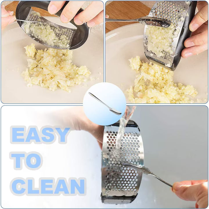 1+1 GRATIS Zdrobitor usturoi, presa manuala curbata, inox usor de curatat