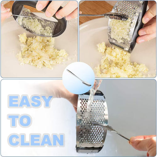 1+1 GRATIS Zdrobitor usturoi, presa manuala curbata, inox usor de curatat