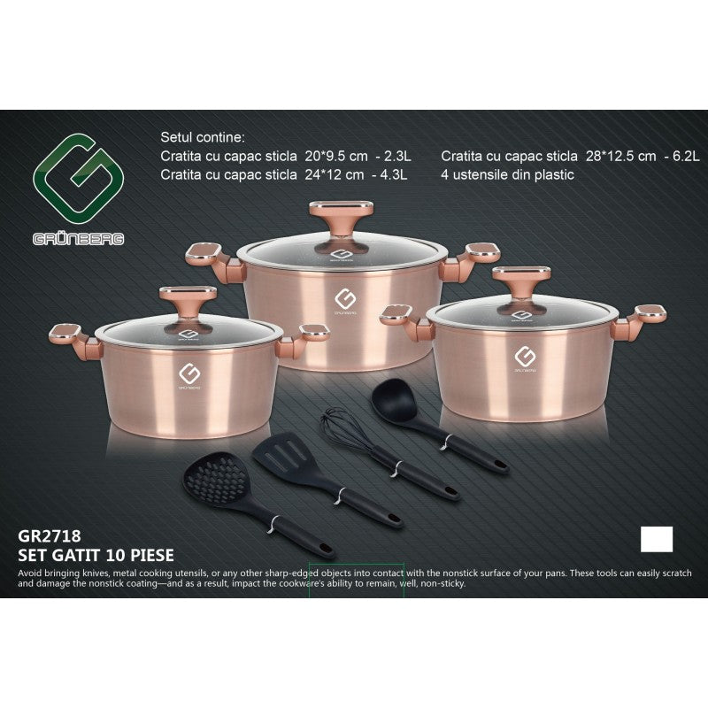 Set 10 piese: 3 vase din aluminiu, compatibile plita inductie, 3 capace sticla, 4 ustensile, Grunberg rosu si auriu
