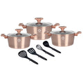Set 10 piese: 3 vase din aluminiu, compatibile plita inductie, 3 capace sticla, 4 ustensile, Grunberg rosu si auriu