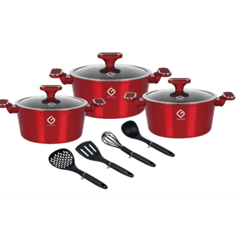 Set 10 piese: 3 vase din aluminiu, compatibile plita inductie, 3 capace sticla, 4 ustensile, Grunberg rosu si auriu