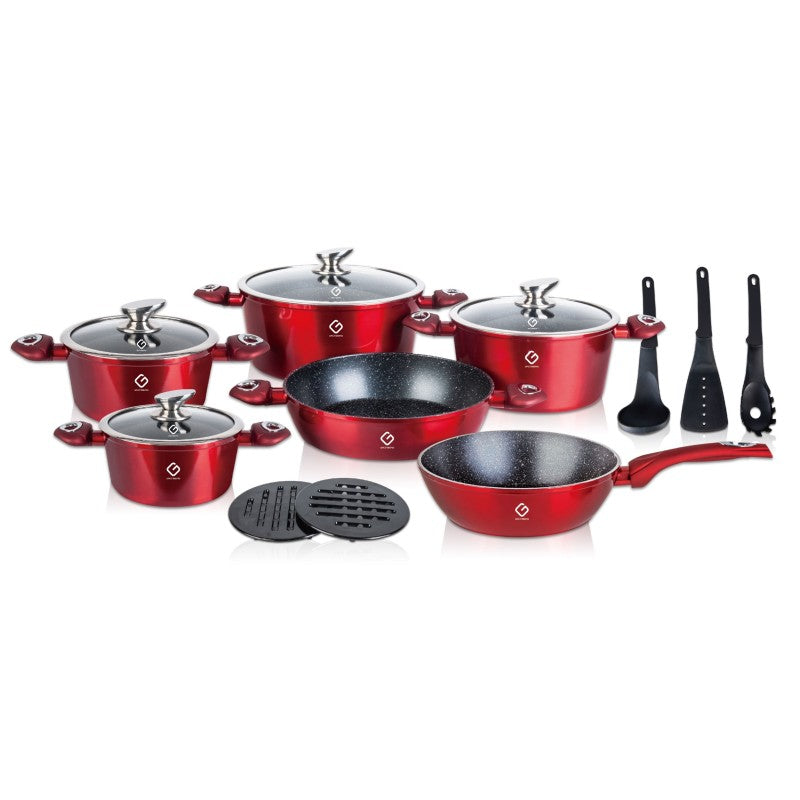 Set 15 piese: 6 vase din aluminiu, compatibile plita inductie, 4 capace, 3 ustensile, 2 suport, Grunberg rosi si albastru