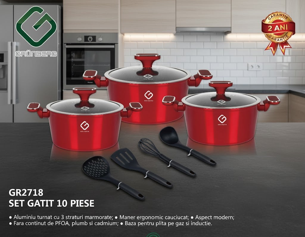 Set 10 piese: 3 vase din aluminiu, compatibile plita inductie, 3 capace sticla, 4 ustensile, Grunberg rosu si auriu