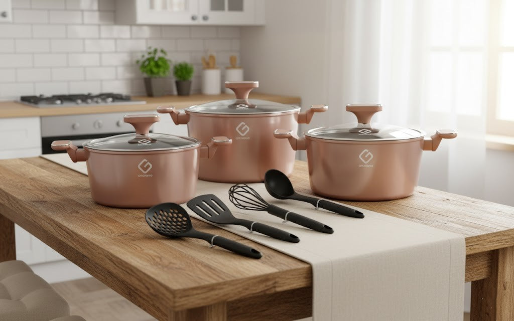 Set 10 piese: 3 vase din aluminiu, compatibile plita inductie, 3 capace sticla, 4 ustensile, Grunberg rosu si auriu